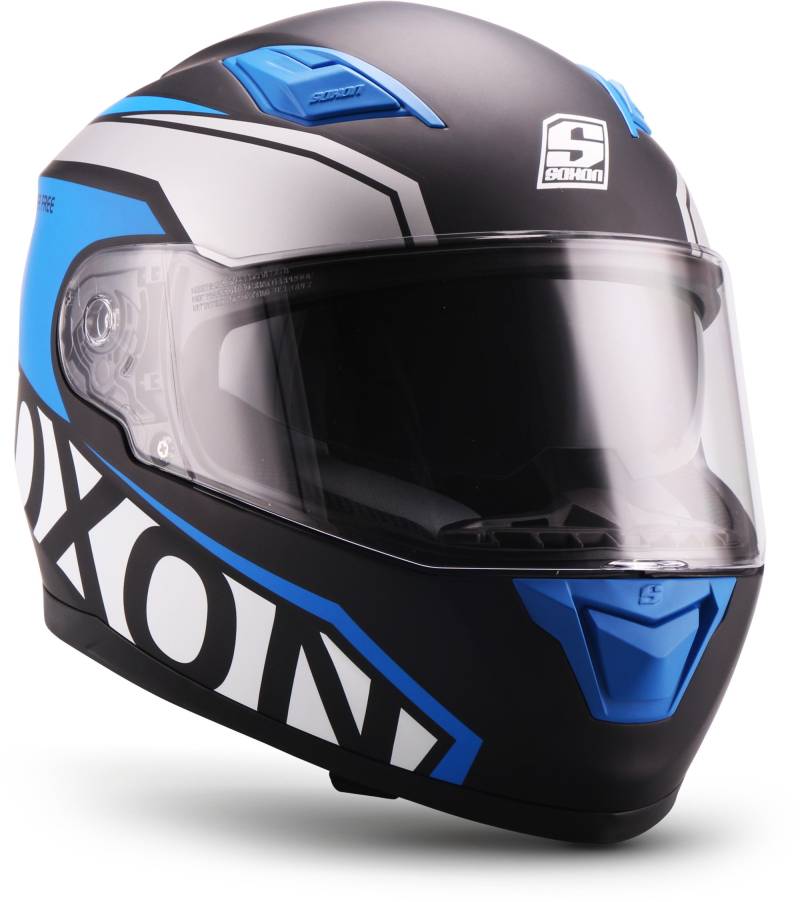 Soxon® ST-1000 Race „Blue“ · Integral-Helm · Full-Face Motorrad-Helm Roller-Helm Scooter-Helm Cruiser Sturz-Helm Sport Urban · ECE 22.05 Sonnenvisier Schnellverschluss Tasche XS (53-54cm) von Soxon