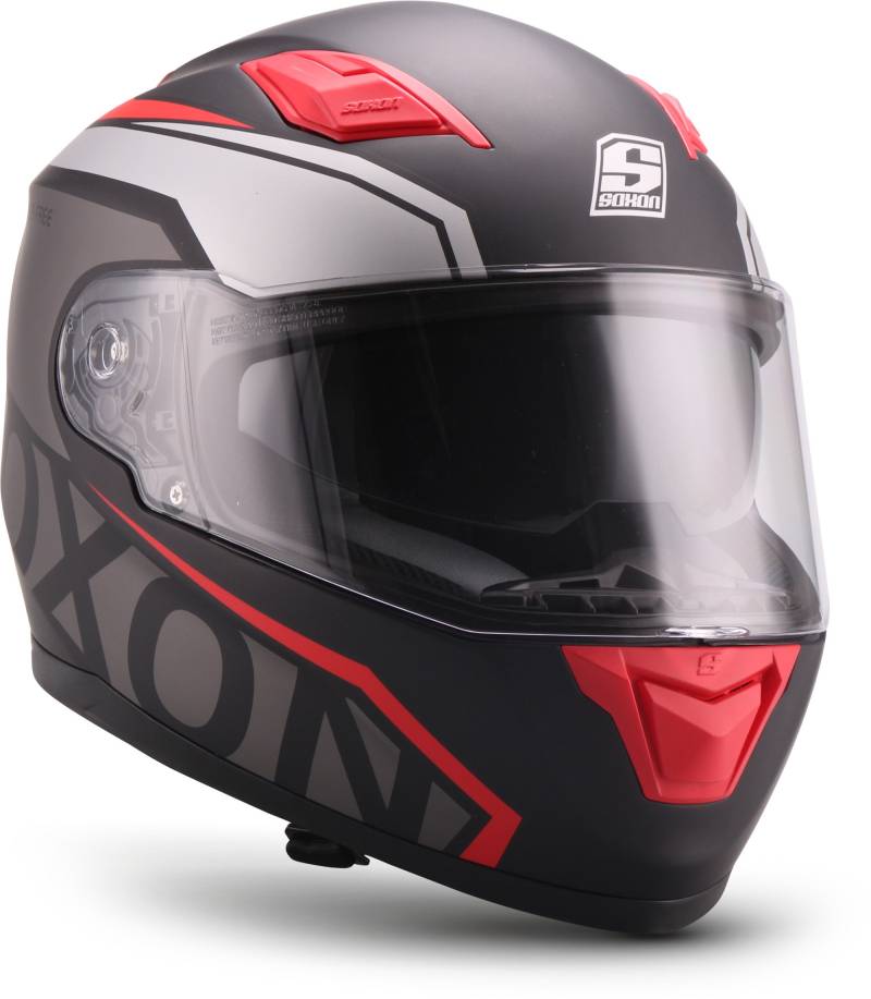 Soxon® ST-1000 Race „Red“ · Integral-Helm · Full-Face Motorrad-Helm Roller-Helm Scooter-Helm Cruiser Sturz-Helm Sport Urban MTB · ECE 22.05 Sonnenvisier Schnellverschluss Tasche L (59-60cm) von Soxon