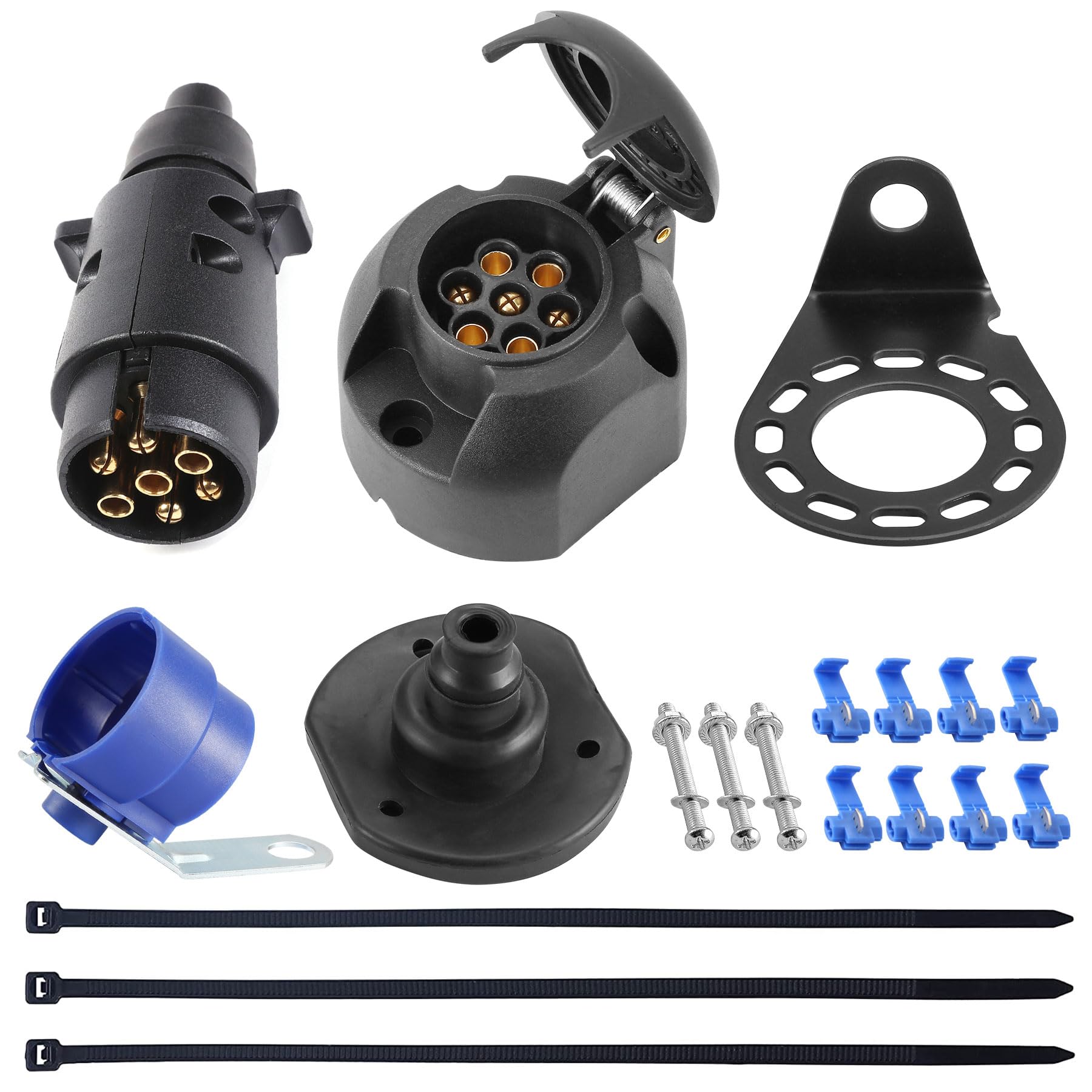 SPARKMOTO 12V Wasserdicht Anhänger Stecker 7 Polig Anhänger Steckdose 7 Polig Set mit Kompletten Montagezubehör,inkl. Blau Anhängersteckerhalter Metall Steckdose Montageplatte,Stecker (Gummistiefel) von SPARKMOTO