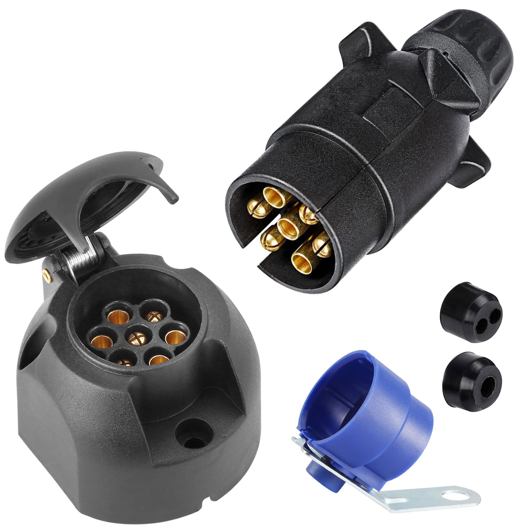 SPARKMOTO 7 Polig Anhänger Stecker Anhänger Steckdose Set,mit Blau steckerhalter,12V Wasserdicht 7-pol Anhänger Stecker Steckdose für Anhänger Wohnwagen RV,AHK Adapter Stecker Steckdose(Schraubenende) von SPARKMOTO