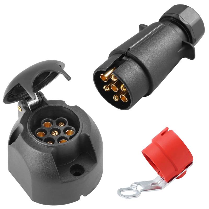 SPARKMOTO 7 Polig Anhänger Stecker Anhänger Steckdose Set,mit Rot Steckerhalter,12V Wasserdicht 7-pol Anhänger Stecker Steckdose für Anhänger Wohnwagen,AHK Adapter Stecker Steckdose(Schraubenende) von SPARKMOTO