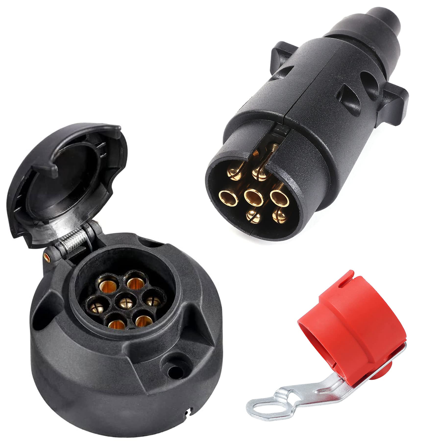 SPARKMOTO 7 poliger Anhänger stecker und 7 polige Anhänger Steckdose, 12V Wasserdicht Anhänger 7 poliger Stecker Steckdose mit Rot Halter(Gummi Kappe) von SPARKMOTO