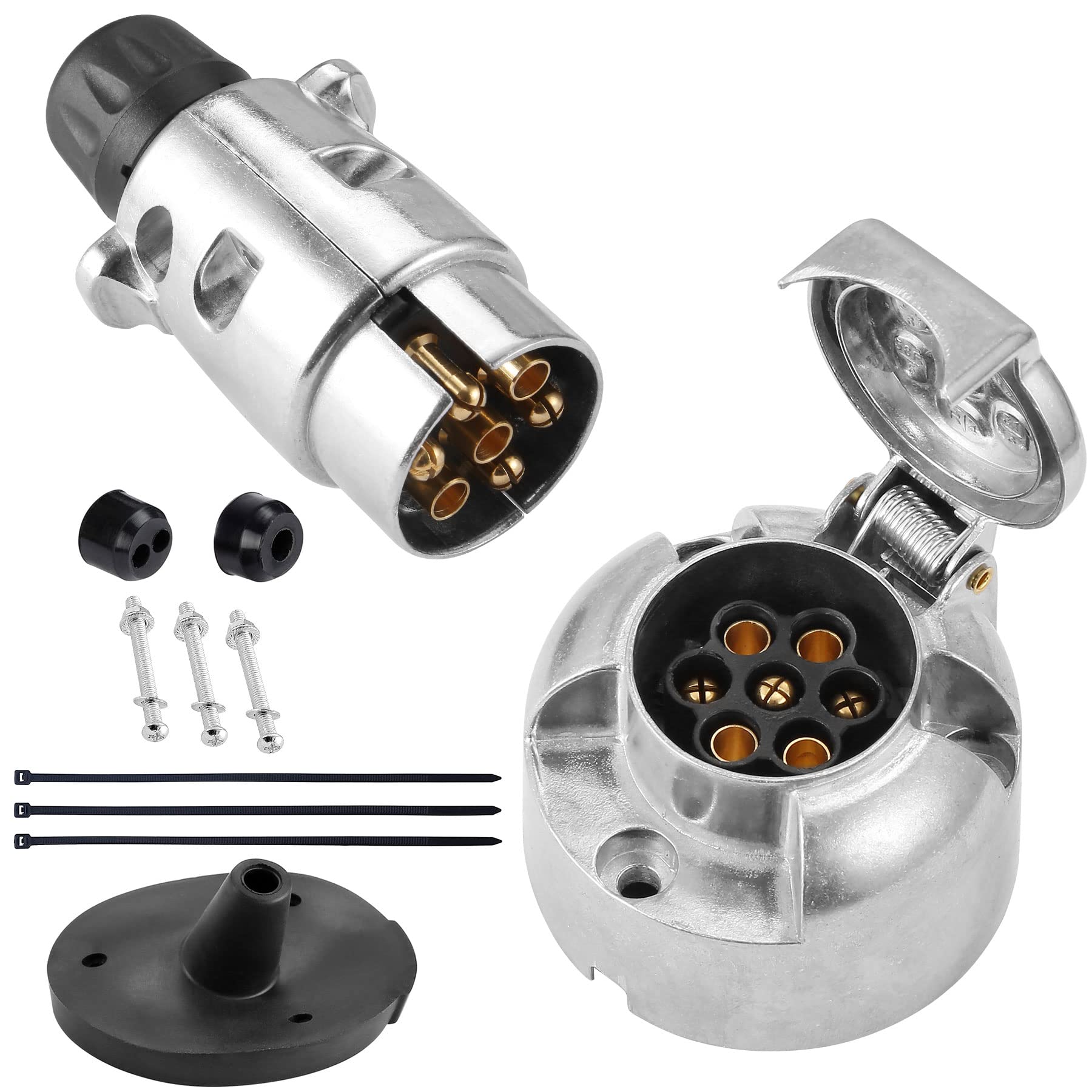 SPARKMOTO Anhänger Aluminiumgehäuse Stecker 7 Polig Steckdose 7 Polig Set,mit Montagezubehör,12V Wasserdicht Metall 7 Polige Anhänger Stecker Steckdose Für KFZ Wohnwagen AHK Adapter Stecker Steckdose von SPARKMOTO