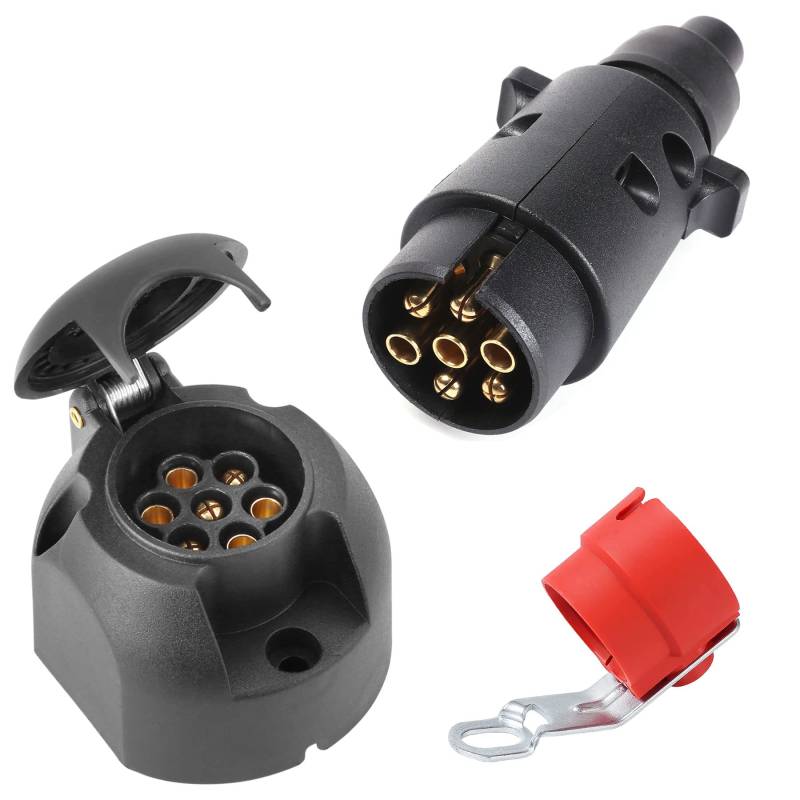 SPARKMOTO Anhänger Stecker 7 Polig Anhänger Steckdose 7 Polig Set mit Rot Steckerhalter,12V Wasserdicht 7Polige Anhänger Stecker Steckdose für PKW Anhänger AHK Adapter Stecker Steckdose(Gummistiefel) von SPARKMOTO