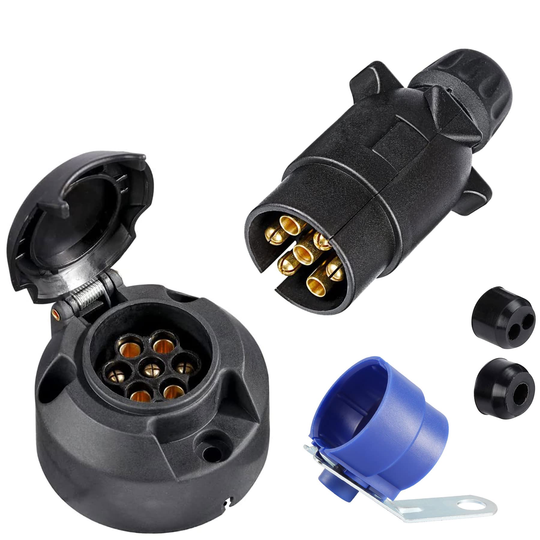 SPARKMOTO Anhänger Stecker 7 Polig und Anhänger Steckdose 7 Polig Set, 12V Wasserdicht Anhänger Stecker Steckdose mit Blau steckerhalter für Anhänger Wohnwagen LKW KFZ PKW(Nuss Kappe) von SPARKMOTO