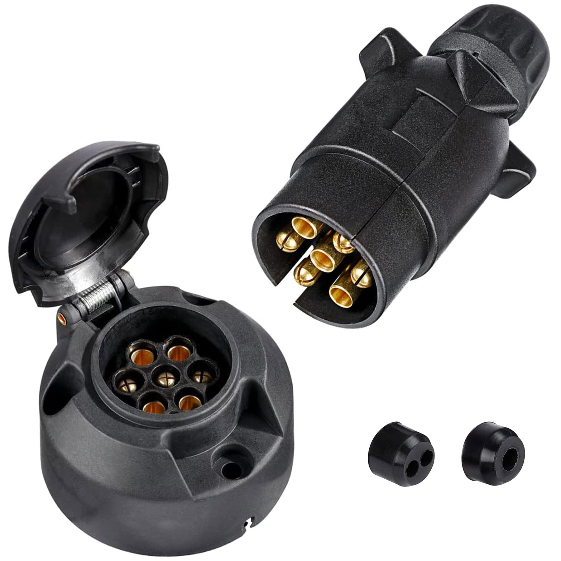 SPARKMOTO Marke Anhänger Stecker 7 Polig und Anhänger Steckdose 7 Polig Set, nach ISO1724 genormt,12V Wasserdicht 7-pol Anhänger Stecker Steckdose mit Zugentlastung für Anhänger KRZ RV LWK(Nuss Kappe) von SPARKMOTO