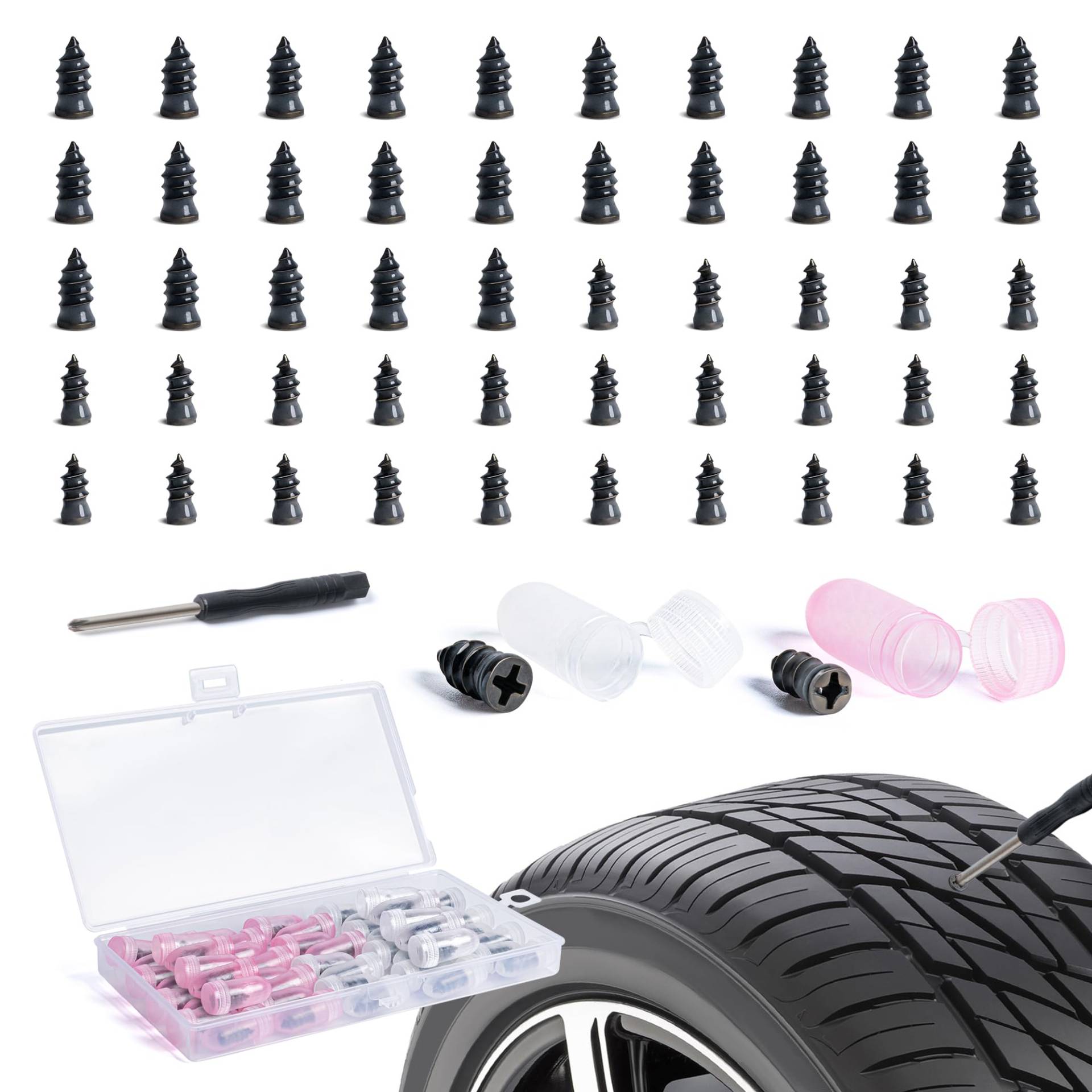 SPDYCESS 50 Stück Vakuum Reifen Reparatur Nagel, Gumminägel Reparaturset mit Schraubendreher, Schlauchlose Reifen Pannenset für Auto Motorrad Fahrrad (25S + 25L) von SPDYCESS