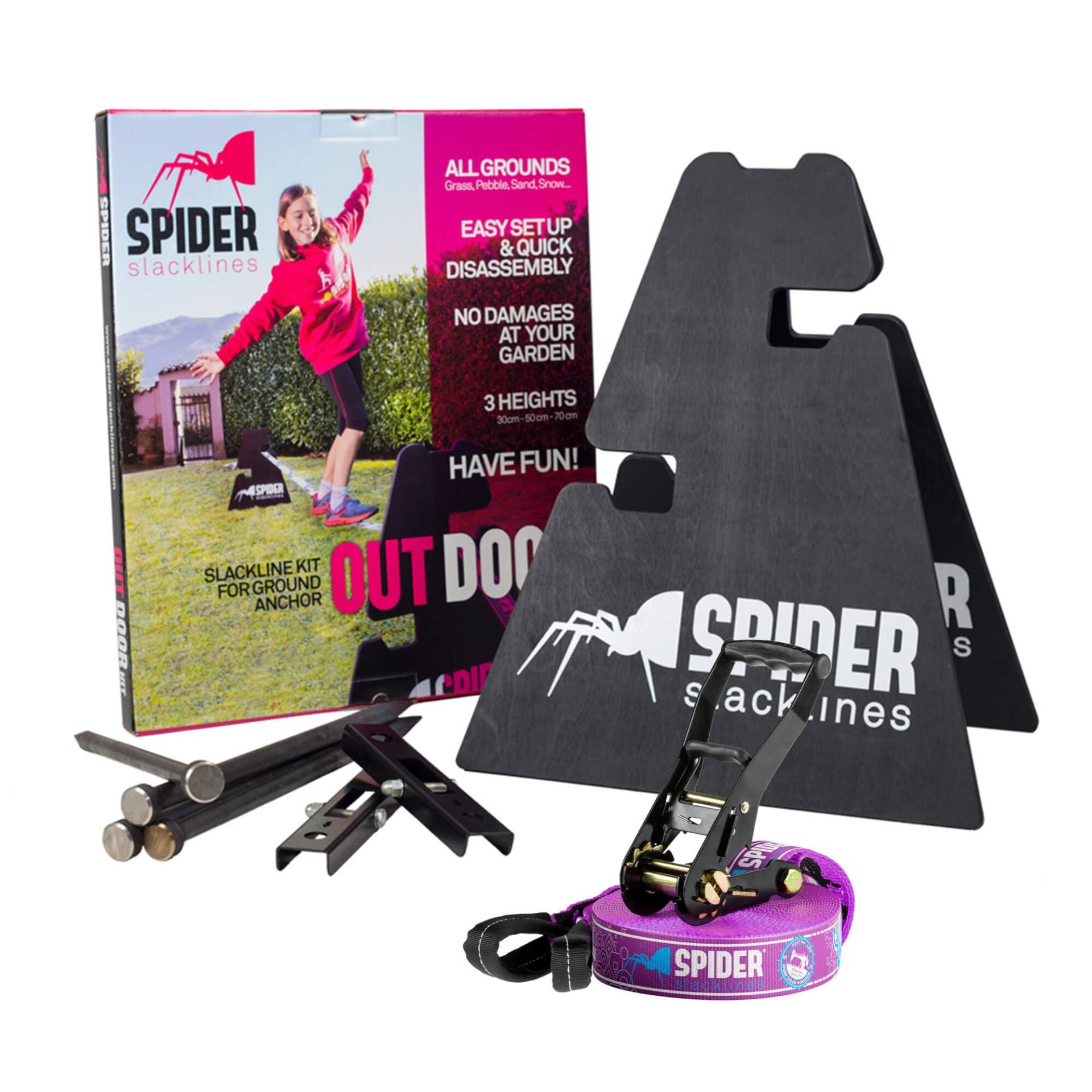 SPIDER SLACKLINE - Outdoor-Kit Custom Slackline für Anfänger - für den Einsatz im Freien ohne Bäume - Enthält: 1 individuelle Slackline, 2 Stative, 2 Platten, 4 Nägel und eine Anleitung - Kit 15m von SPIDER SLACKLINE