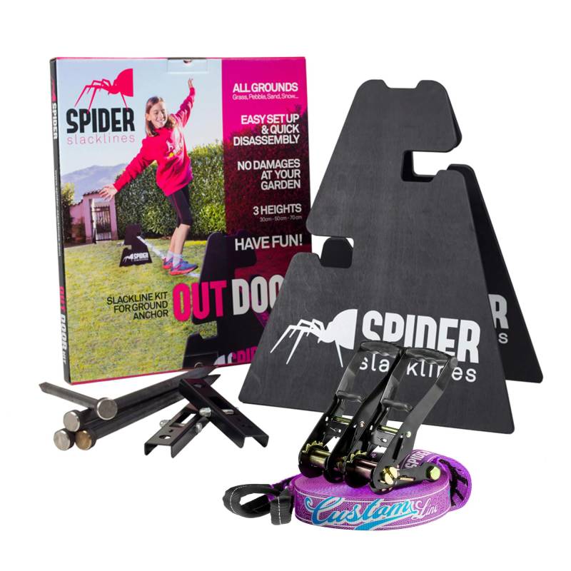 SPIDER SLACKLINE - Outdoor-Kit Custom Slackline für Anfänger - für den Einsatz im Freien ohne Bäume - Enthält: 1 individuelle Slackline, 2 Stative, 2 Platten, 4 Nägel und eine Anleitung - Kit 25m von SPIDER SLACKLINE