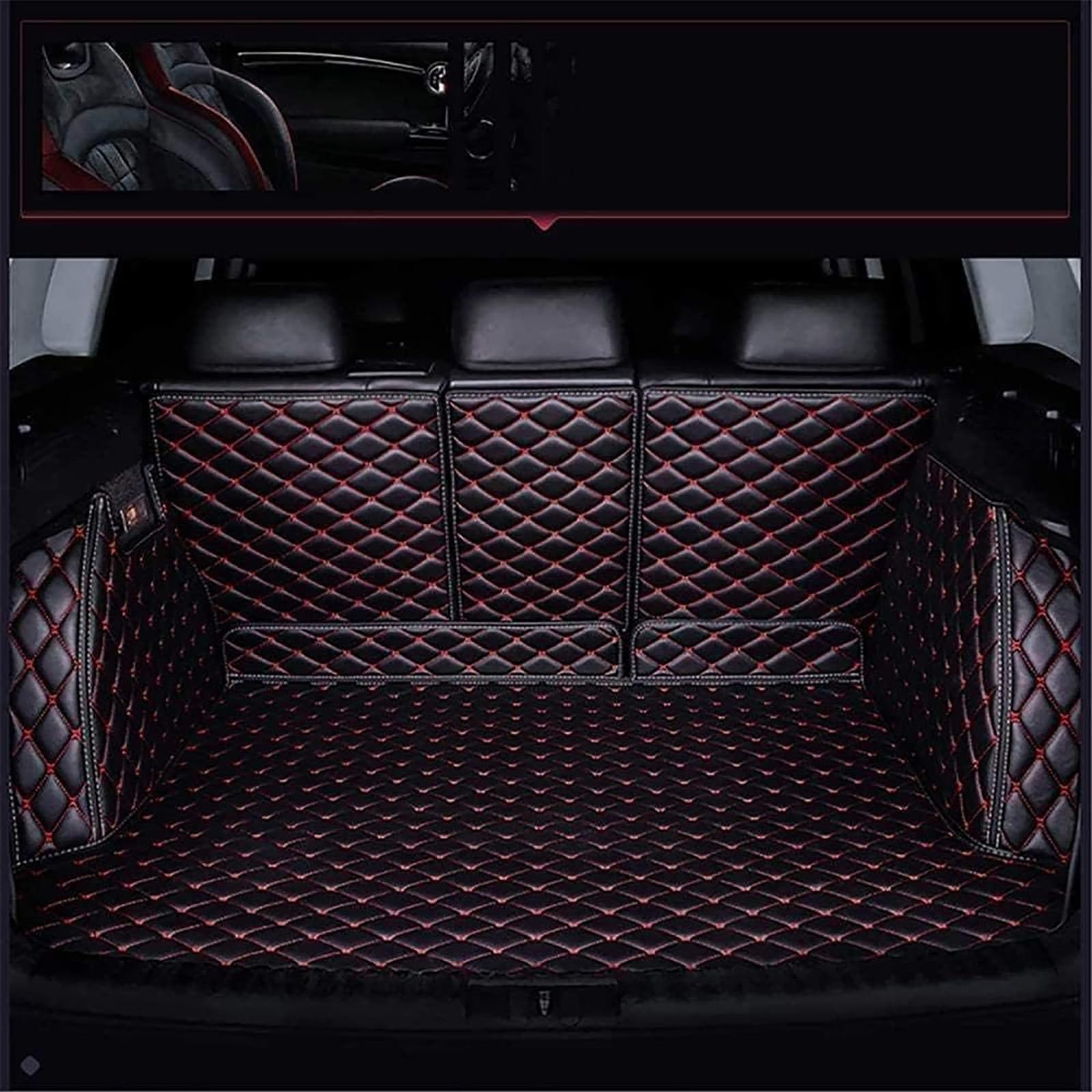 Auto Voller Surround Leder Kofferraummatten für Hyundai Tucson IV 2021-2023, wasserdichte rutschfeste Pflegeleicht Kofferraum Schutzmatten Teppich Zubehör, D/Black-red von SPLIUMG