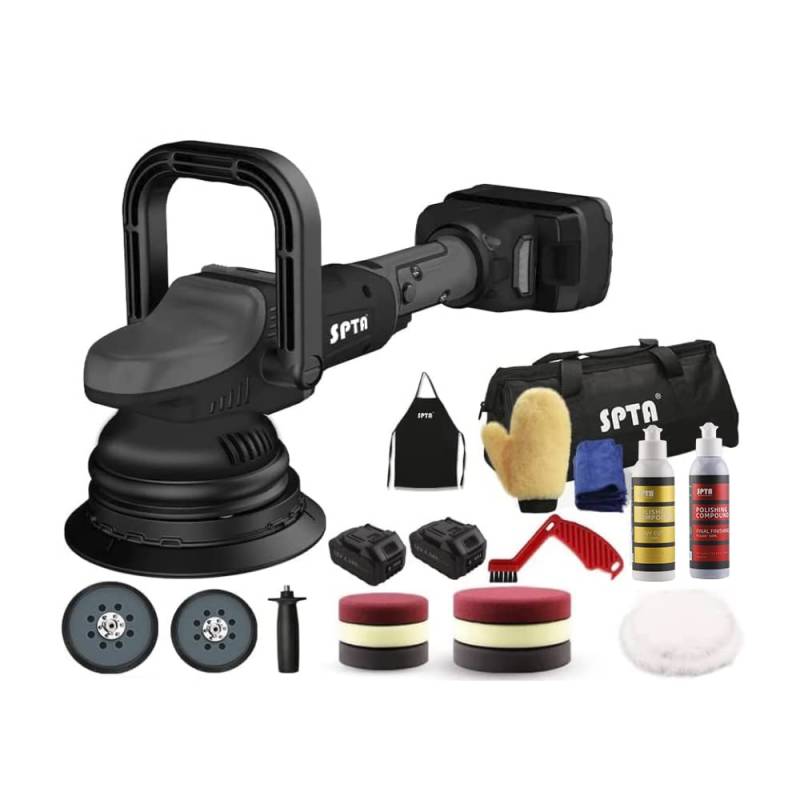 SPTA 18V Akku Exzenter Poliermaschine Mit Variabler Geschwindigkeit, 125mm Polierschwamm, Polierteller, Polieren Pad/Wollscheibe, 4000 mAh Batterie von SPTA