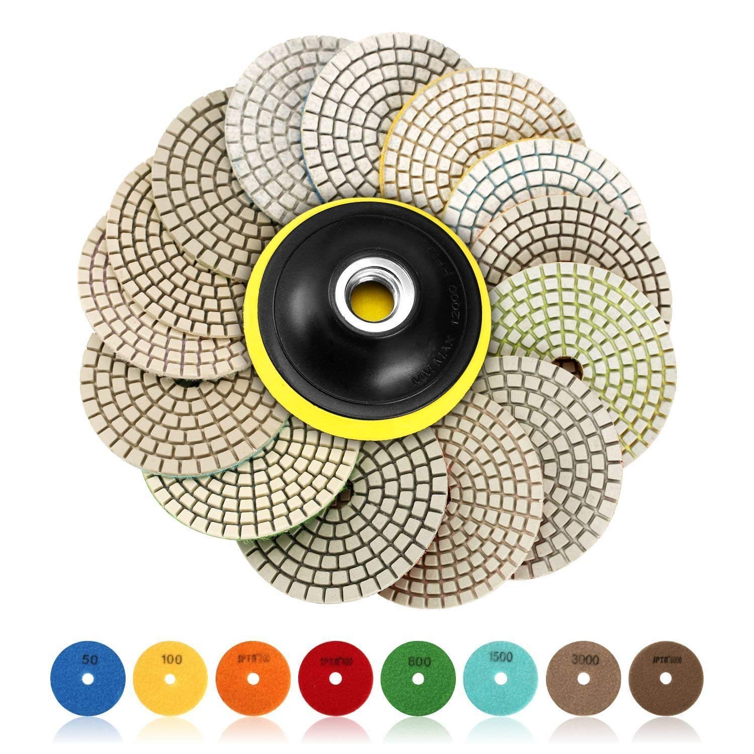 SPTA 15pcs Diamant nass Polierscheiben Set, 4-Zoll-Pads für Granit Stein Beton Marmor Bodenschleifer oder Polierer, 50# -6000# mit Haken & Loop Backing Halter Disc SPTA 15pcs Diamant nass Polierscheiben Set, 4-Zoll-Pads für Granit Stein Beton Marmor Bodenschleifer oder Polierer, 50# -6000# mit Haken & Loop Backing Halter Disc von SPTA