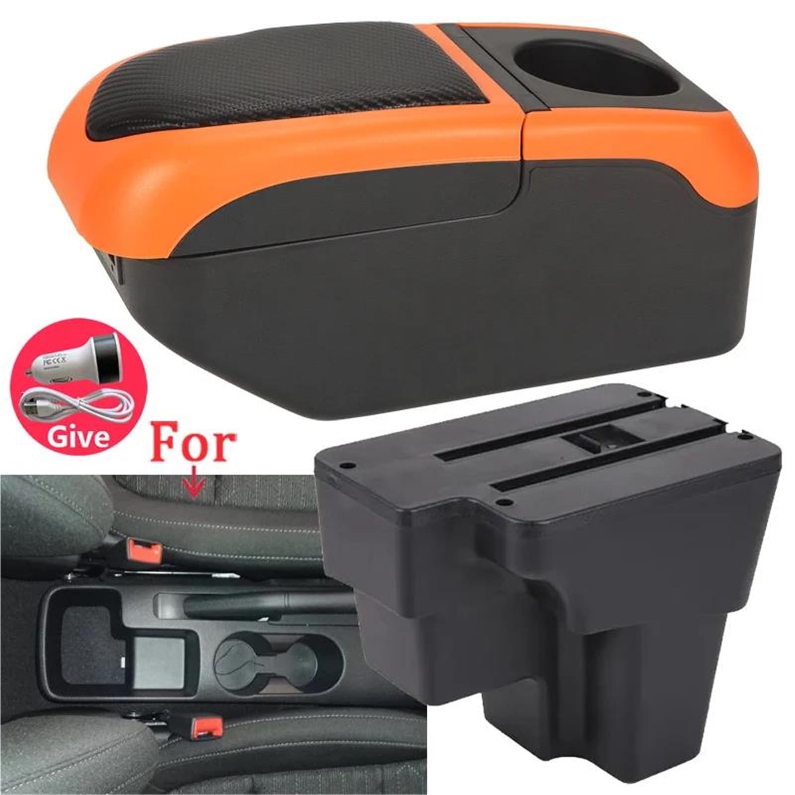 Auto Mittelkonsole Armlehnenbox Für Kia Für Stonic Für Rio Lx Für Cerato Autoarmlehne Nachrüstteil Aufbewahrungsbox Autozubehör Mittelarmkonsole(Black Orange) von SRQORT