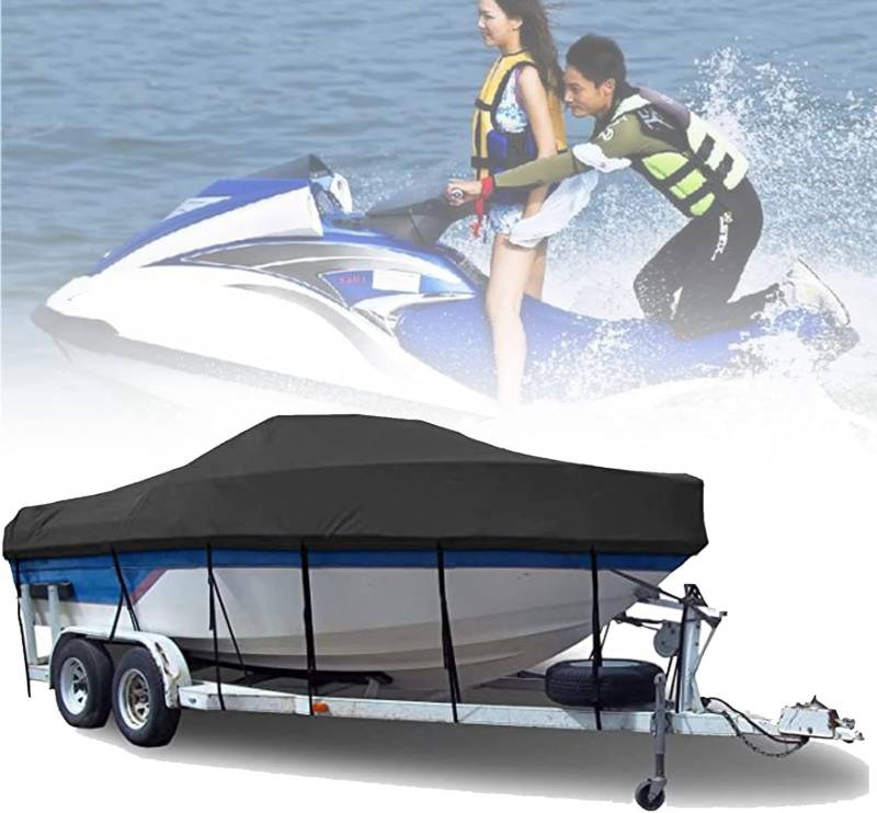 Strapazierfähige Bootsabdeckung aus 420D-Polyester-Oxford for V-Rümpfe, Dreirumpf-Fischerboote, Skiboote, Profi-Boote und Bassboote, Allwetterschutz Schutzhülle(Black,13FT) von SSDDLZEQ