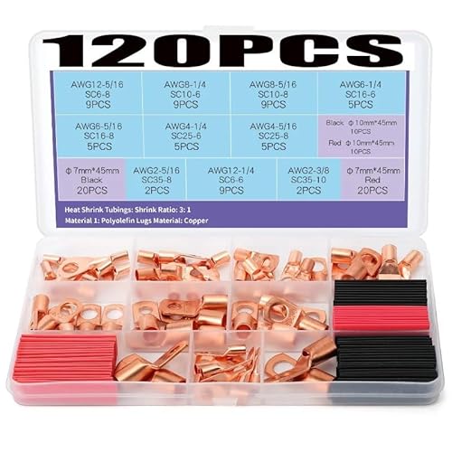 120pcs Bolt Hole Tinned Copper Cable Lugs Battery Terminals Set Cable Battery Terminals Soldered Connectors Kit von SSOPTMCB