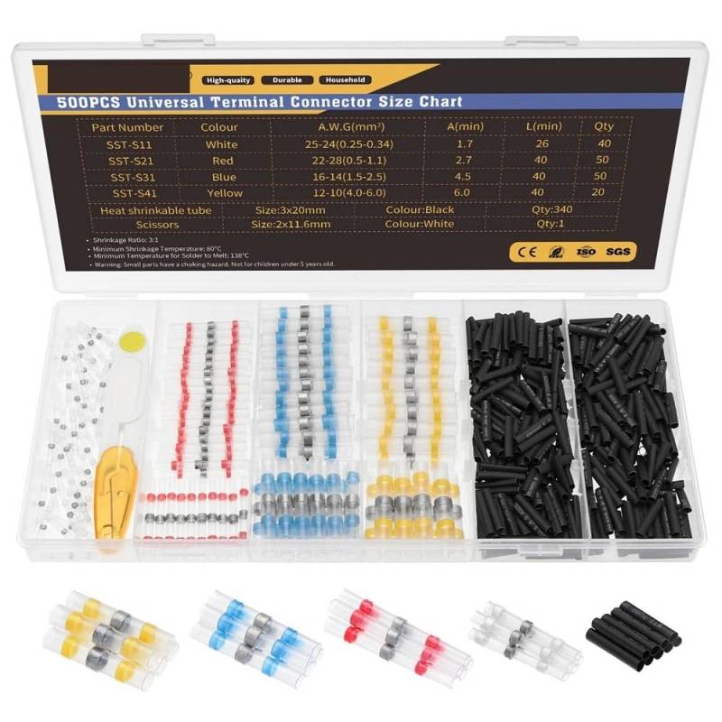 500pcs Heat Solder Seal Wire Connectors Waterproof Sleeve Heat Shrink Tubings Kit Cable Terminal Tool Assortment Set von SSOPTMCB