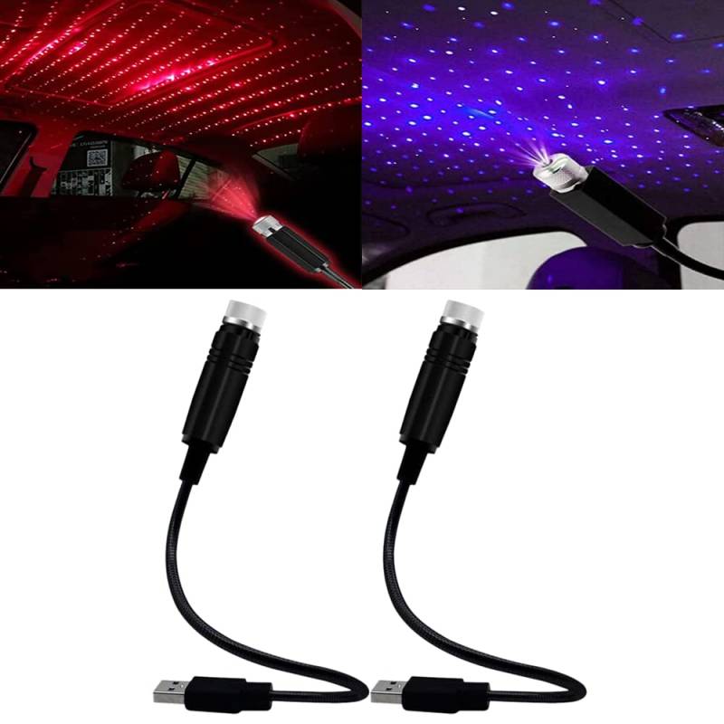 2 Stück USB Sternlicht，Mini USB Projektorlicht USB Auto Sternenhimmel Projektor Lampe Nachtlicht Stern Projektor 3 Funktionsmodi，für Autoinnenraum Decke Schlafzimmer Party und Mehr (Blau und Rot) von SSyang