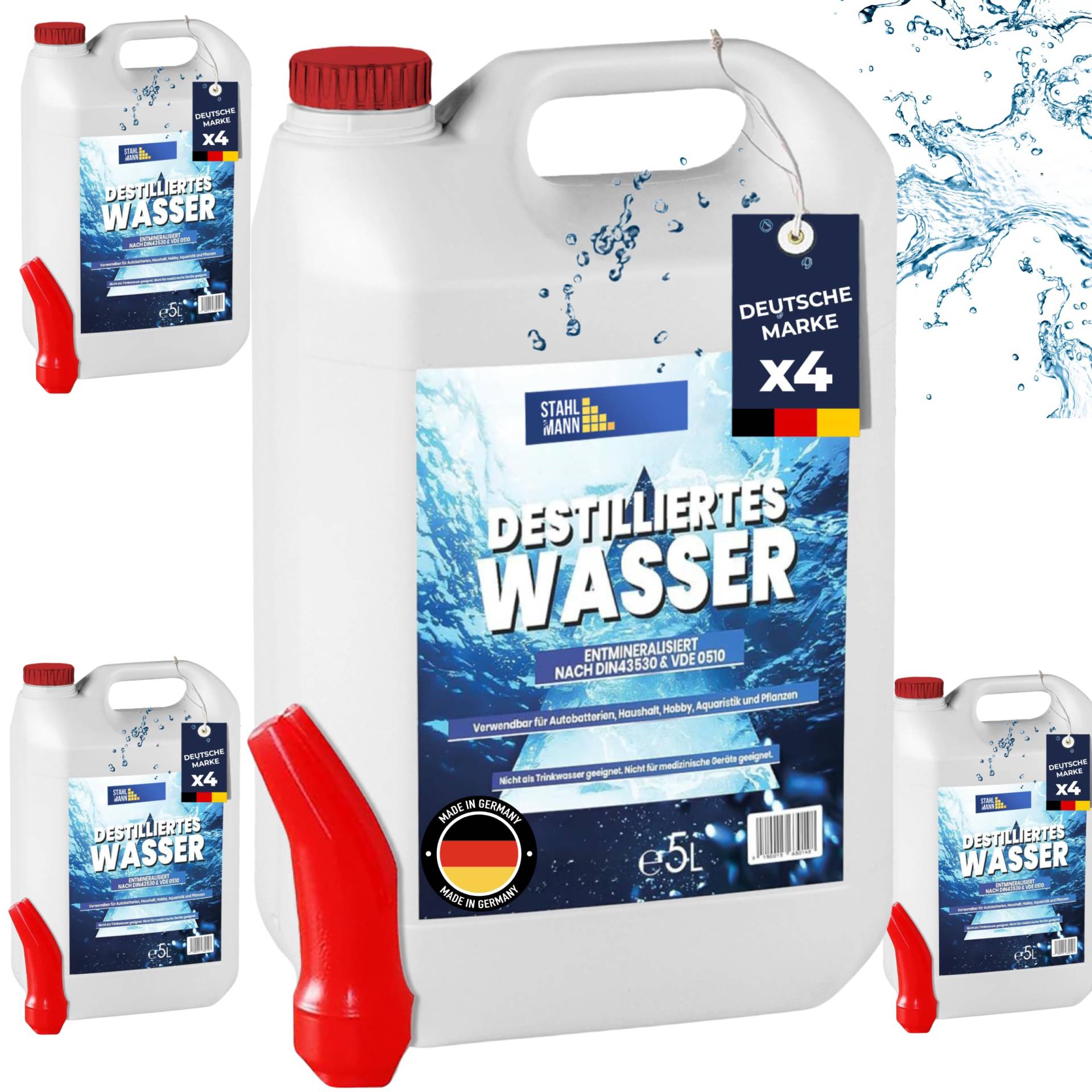 STAHLMANN® Destilliertes Wasser [4x5L] Kanister inkl. Ausgießer [Made in Germany] - [Destilliertes Wasser für Dampbügeleisen und vieles mehr] – Destilliertes Wasser von STAHLMANN