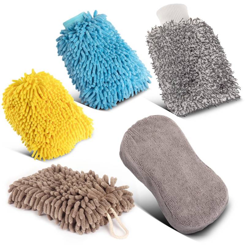 STAHLWERK Autowaschhandschuh 5er Set -Reinigungshandschuh | Mikrofaser-Schwamm | Mikrofaser-Tuch | Autoschwamm | Mikrofaser-Handschuh | Putzhandschuh von STAHLWERK