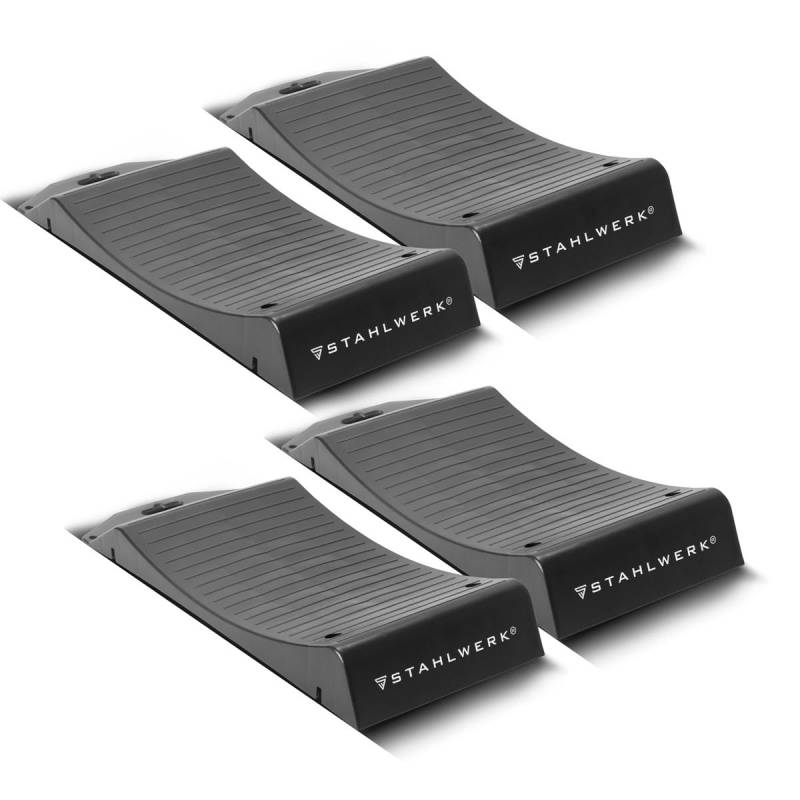 STAHLWERK Reifenschoner Standplatten GT-18 ST 4er Set mit 2,7 t Tragkraft Reifenwiege | Reifenschuhe | Hemmschuh | Unterlegkeil für Pkw, Reisemobil, Campingmobil, Wohnmobil, Caravan oder Wohnwagen von STAHLWERK