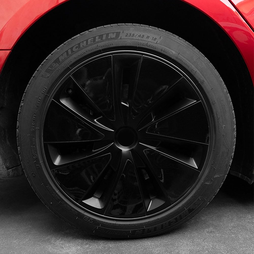 Für Tesla Model 3 Highland 2023+ 2024 Auto 18 Zoll Radnabendeckel Abdeckung Wasserdicht Felgen Aufkleber Kratzschutz Aufkleber (Glänzend Schwarz) von STAMOO