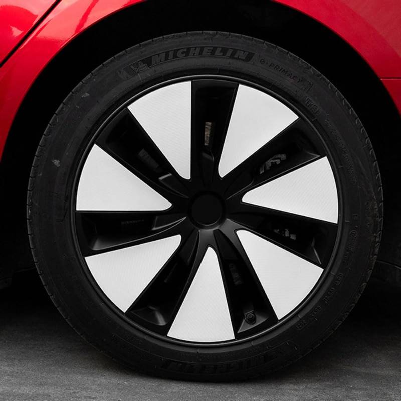 Für Tesla Model 3 Highland 2023 + 2024 Auto 18 Zoll Radnabenkappenabdeckung, wasserdichte Felgenaufkleber, Kratzschutzaufkleber (weißes Kohlefasermuster) von STAMOO
