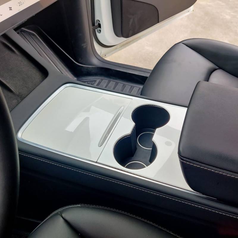 STAMOO Mittelkonsolen-Verkleidung für Tesla Model 3 Y 21–23, ABS-Kunststoff, Kohlefaser-Muster, Innendekoration, Getränkehalter, Abdeckungs-Kit (glänzendes Weiß) von STAMOO