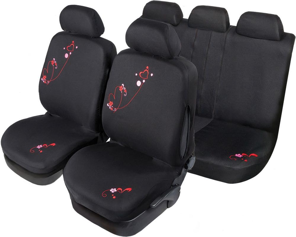 START - Komplett-Set Glamour-Red-Coating, Schwarzes Futter mit roter Herzstickerei, 5 getrennte Kopfstützen, 6 Reißverschlüsse, Airbag-kompatibel, Auto Innenraum Schutz, Rot von START