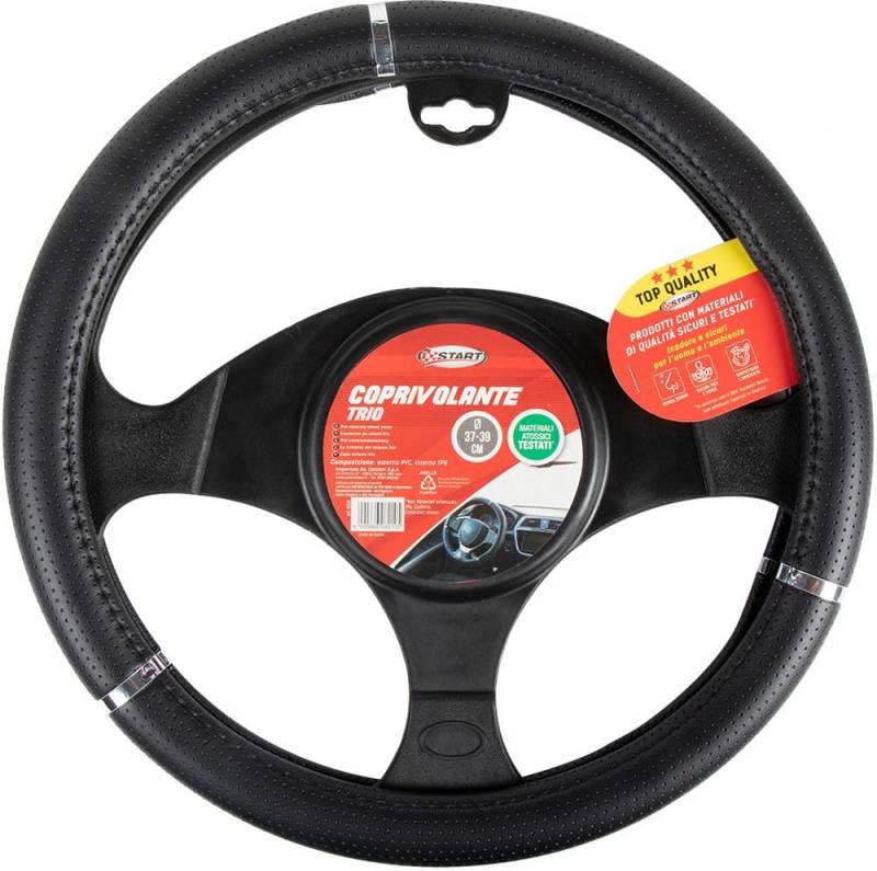 START - Lenkradbezug Trio, Leder Lenkradschutz, Rutschfest & Atmungsaktiv, für Lenkräder 39-39 cm, Passend für Radkappen 16 Zoll, Schwarz, Leder von START