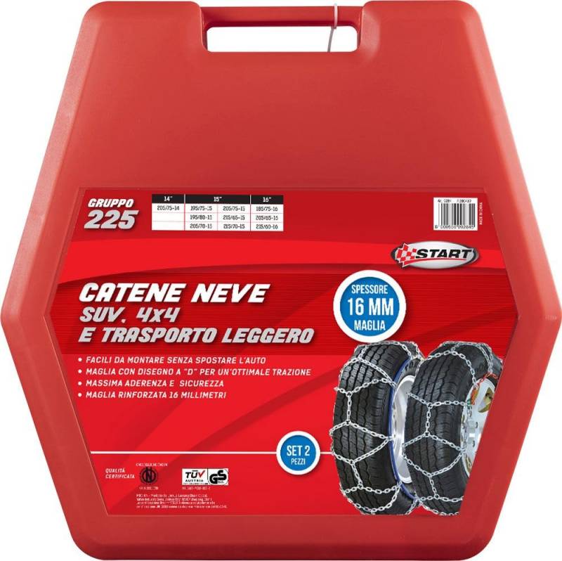 START - Schneeketten 16 mm für SUV | Mit Felgenschutz | Mit Montageanleitung & Schutzhandschuhen | Passend für Raddurchmesser 14, 15, 16 Zoll | Edelstahl von START