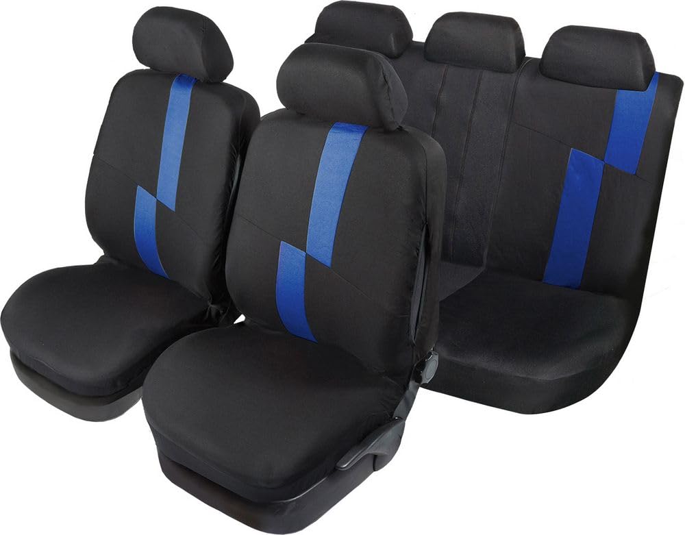 START Universal Flash Autositzbezug-Set, Airbag-Kopfstütze, Polyester, Komfortschutz, Schwarz, Blau von START