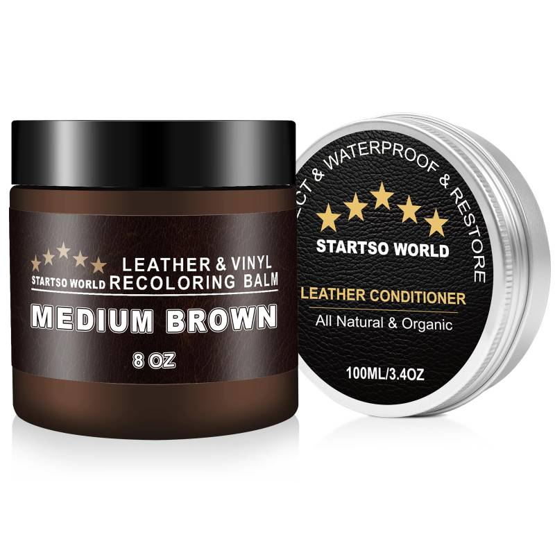 STARTSO WORLD Leder Reparatur Set Medium Braun mit Lederfett, 200ml Flüssigleder, Lederfarbe, Lederpflege Auto, Leder- & Vinyl-Reparaturset für Möbel, Couchen, Sofas, Autositze, Schuhe von STARTSO WORLD
