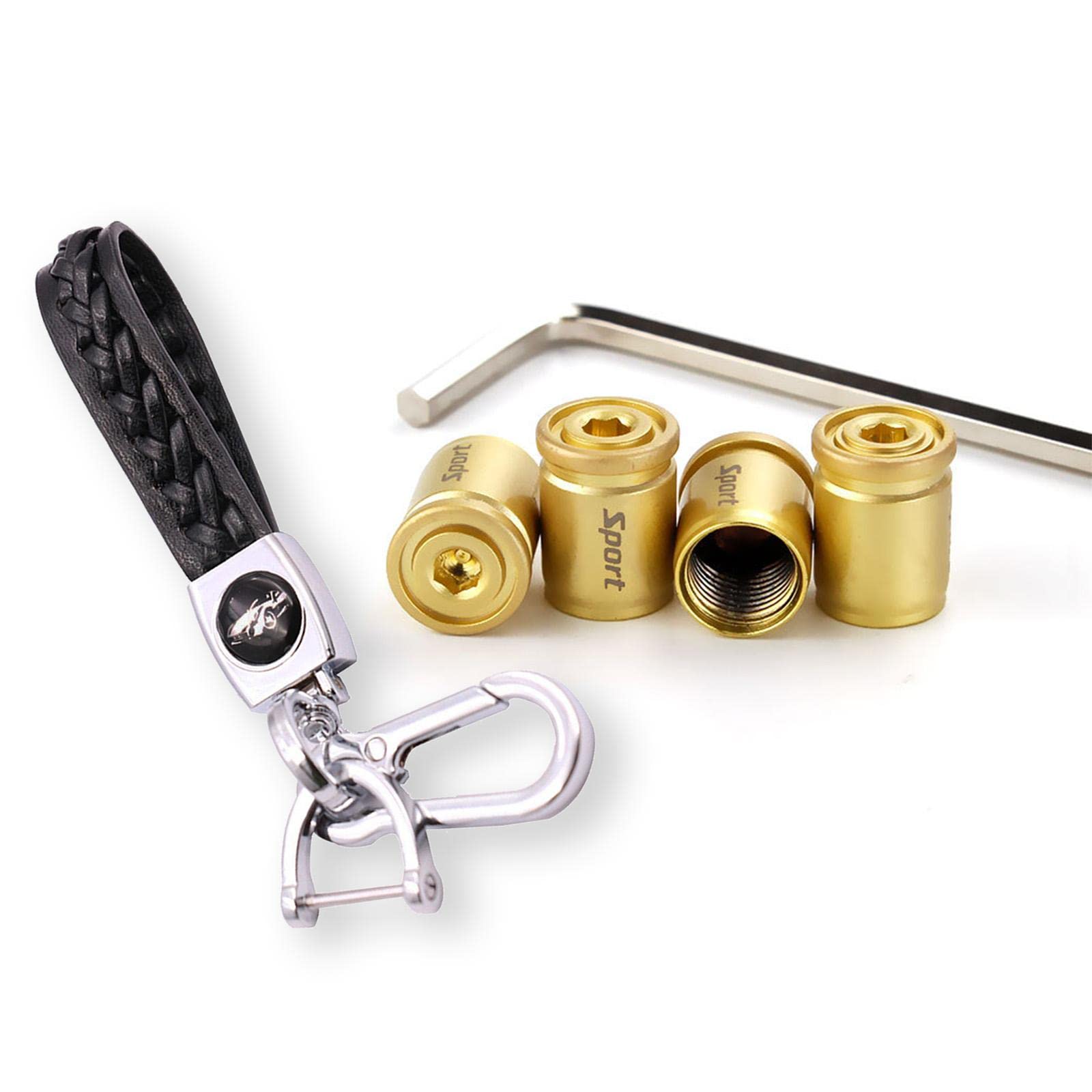 4 Stück Diebstahlsicherung Metall Ventilkappen Auto Leder Schlüsselanhänger,Personalisiert Staubkappen Schlüsselring Für Auto Motorräder Fahrrad (golden) von Dexlyn