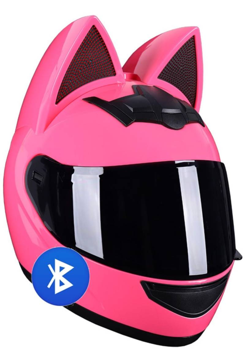 Mädchen-Katzenohr-Bluetooth-Helm, ECE-Zertifizierter Damen-Motorrad-Katzenohr-Helm, Mit Visier-Integral-Motorradhelm, Vier-Jahreszeiten-Helme, Für Straßenrennen-Motocross A,Small 50-53CM von STRTG