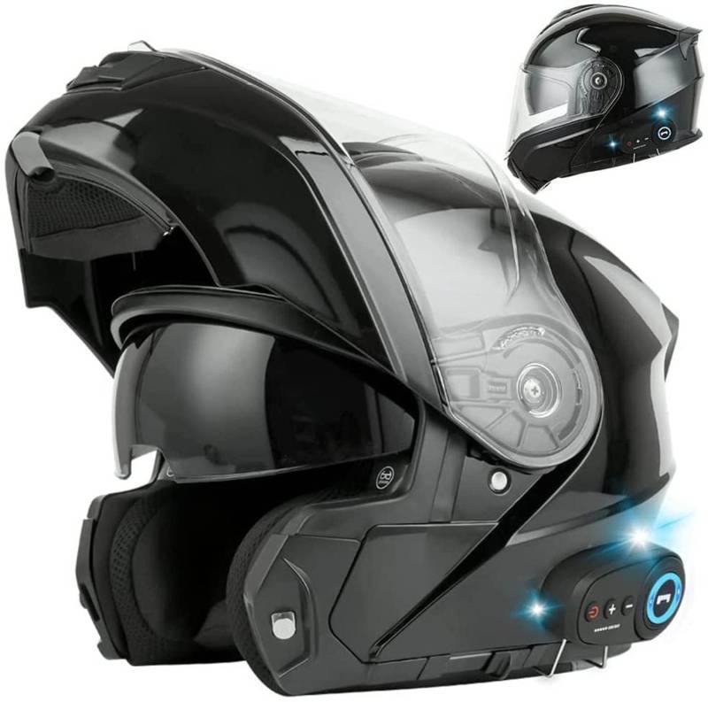 Motorrad Integrierter Bluetooth-Helm Mit Anti-Fog-Doppelscheib ECE/DOT Genehmigt Motorrad Full Face Klapphelm Motorradhelm Mit Eingebautem Mikrofon Für Automatische Reaktion C,L von STRTG