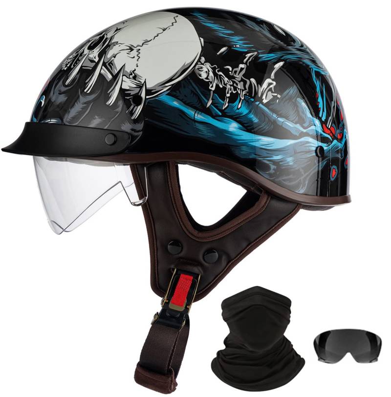 Retro-Helm Mit Totenkopf-Kappe, Halber Motorradhelm Für Erwachsene, Männer Und Frauen, Vintage-Halbschalenhelm Mit Offenem Gesicht Für Cruiser, Roller, Chopper, DOT/ECE-Zulassung K,M:54-56CM von STRTG