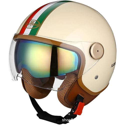 Retro-Motorradhelm Mit Offenem Gesicht, Vintage 3/4 Retro-Vespa-Helm, Motorradhelm Mit Zwei Visieren, Moped, Cruiser, Bobber Und Chopper Für Männer Und Frauen, DOT/ECE-Geprüft A,M:58-59CM von STRTG