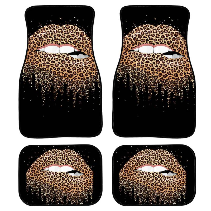 STUOARTE Leopard Lippendruck Mode Auto Fußmatten, 4 Stück Gummifutter Ganzjahres-Schwerlastfahrzeug Bodenschutz Teppiche für die meisten Autos, SUVs, Limousine, Van von STUOARTE