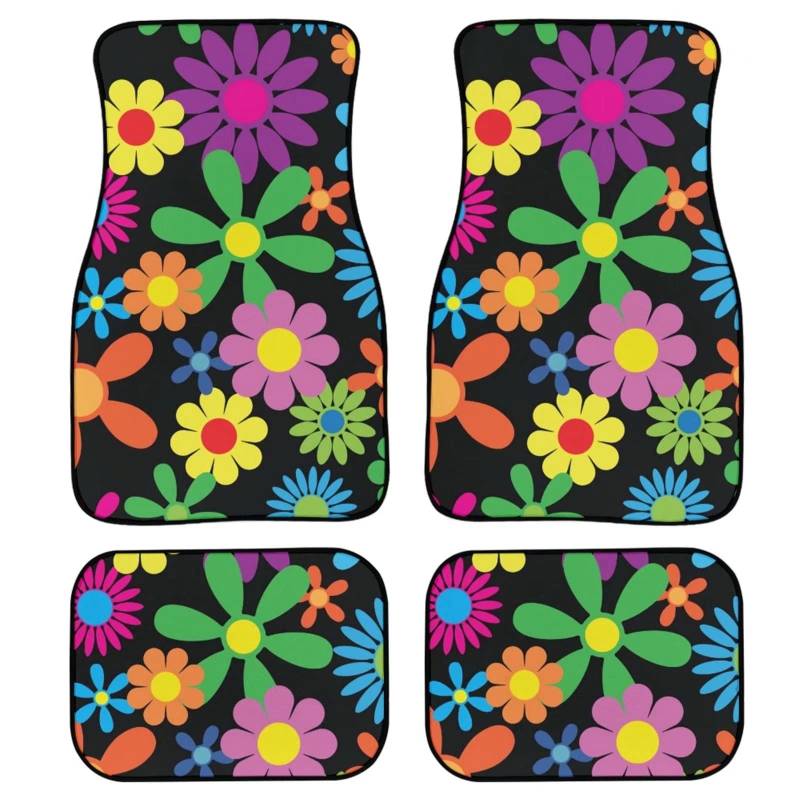 Stuoarte Regenbogen-Hippie-Blumenmuster, 4 Stück Auto-Bodenmatten vorne/hinten, universal, robuste Gummimatten, rutschfest, bequeme Autoteppiche von STUOARTE