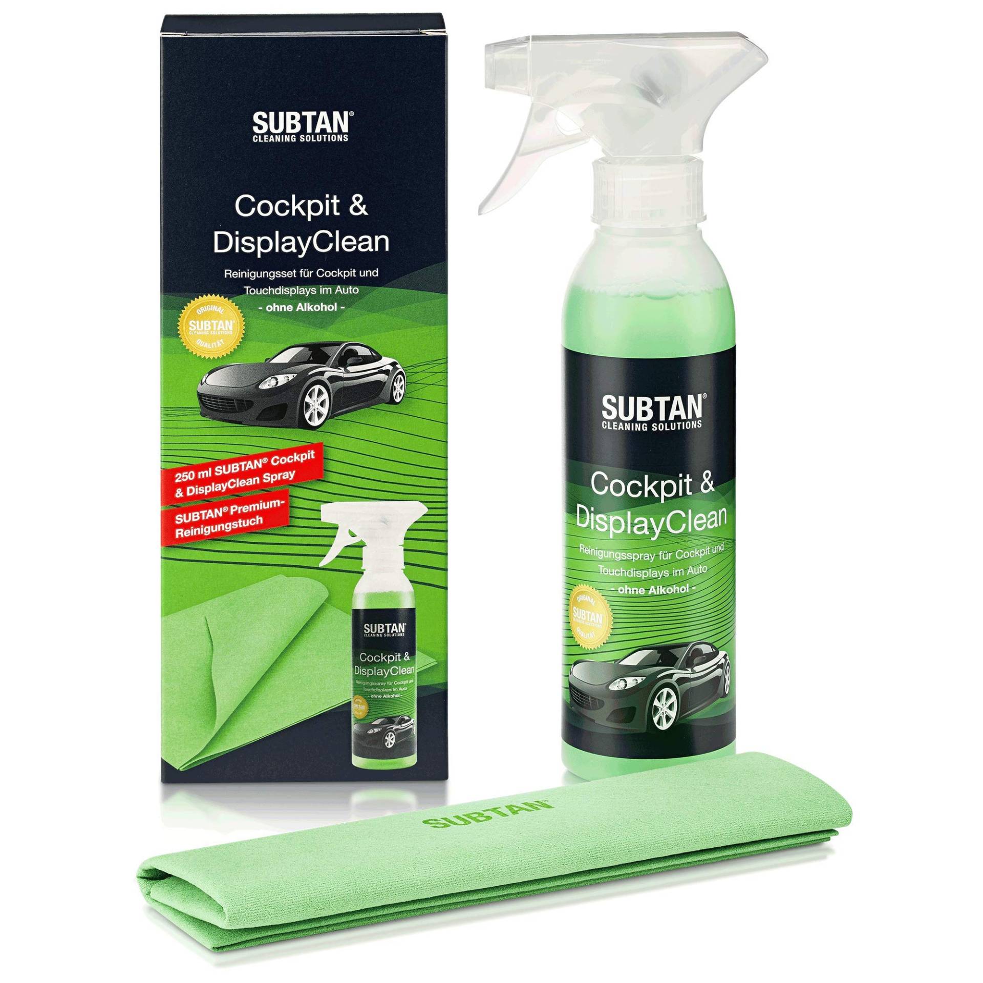 SUBTAN Auto Cockpit Reiniger Set - Display und Cockpitspray ohne Alkohol 250 ml + Display Reinigungstuch aus Mikrofaser 30 x 38 cm - Touchscreen und Autodisplayreiniger mit angenehmen Autoduft SUBTAN Auto Cockpit Reiniger Set - Display und Cockpitspray ohne Alkohol 250 ml + Display Reinigungstuch aus Mikrofaser 30 x 38 cm - Touchscreen und Autodisplayreiniger mit angenehmen Autoduft von SUBTAN