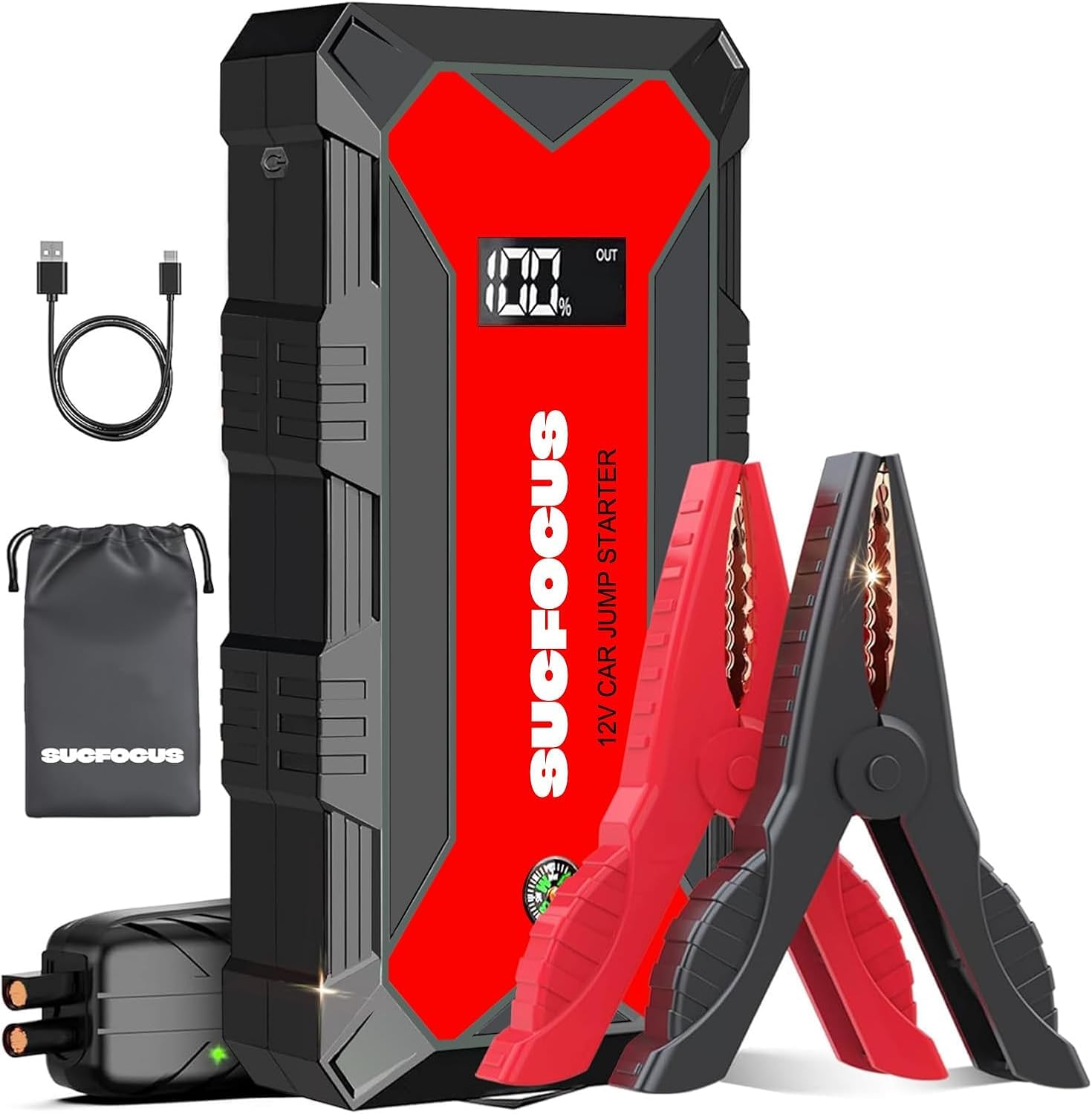 SUCFOCUS Starthilfe Powerbank, 2500A Auto Starthilfe Powerbank 12V (Bis zu 8L Benzin/6.5L Diesel), Booster Auto Starthilfe mit Starthilfekabel LED Taschenlampe USB-Schnellladung 3.0 Batteriestarter von SUCFOCUS