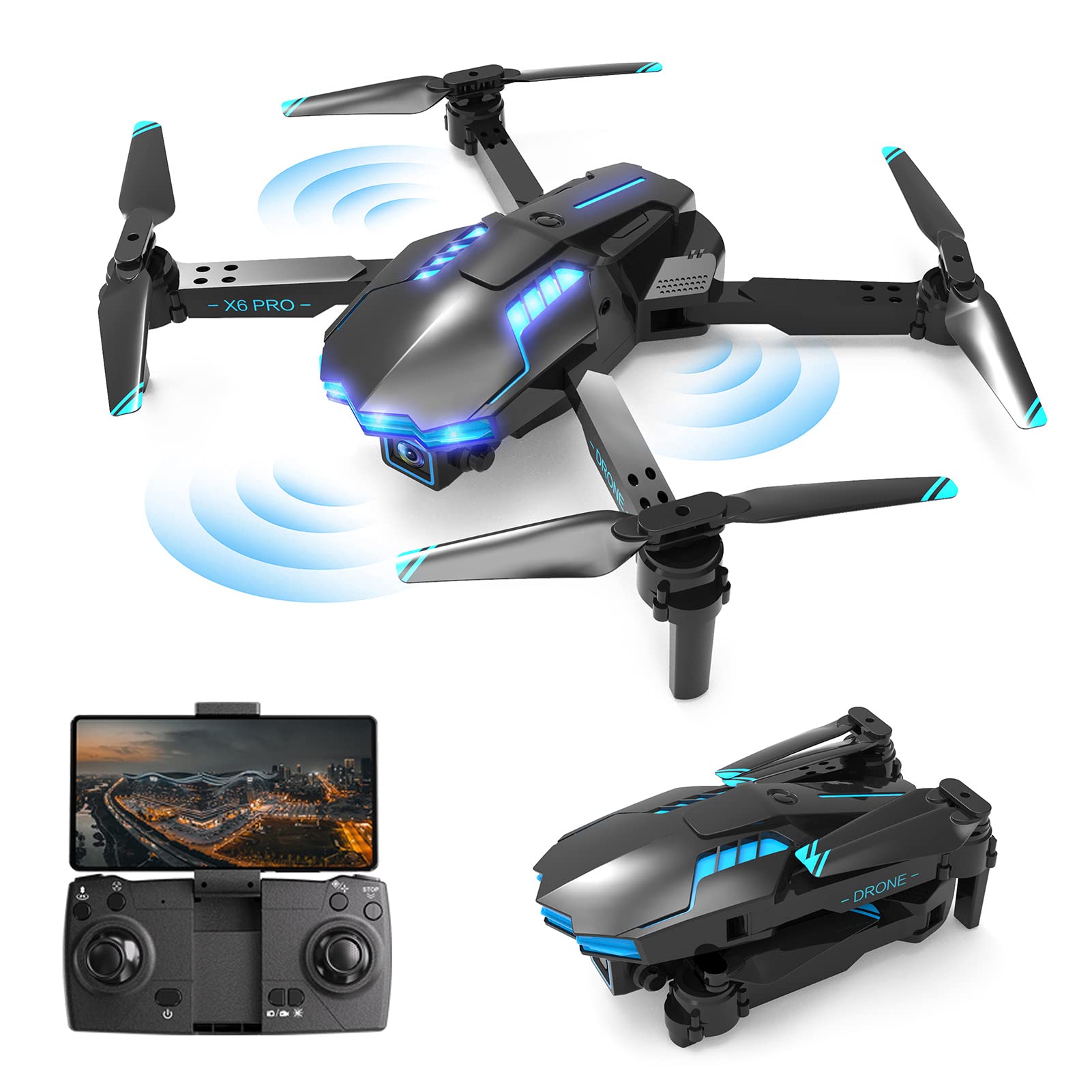 Drohnen mit Kamera, Steindrohne, X6-Drohne, 4K-Doppelkamera, HD-Luftbild-Drohne, Optische Flusslokalisierung, 3-seitige Hindernisvermeidung, RC-Quadrocopter, Geschenke für Männer(Dreifache Batterie) von SUNGOOYUE