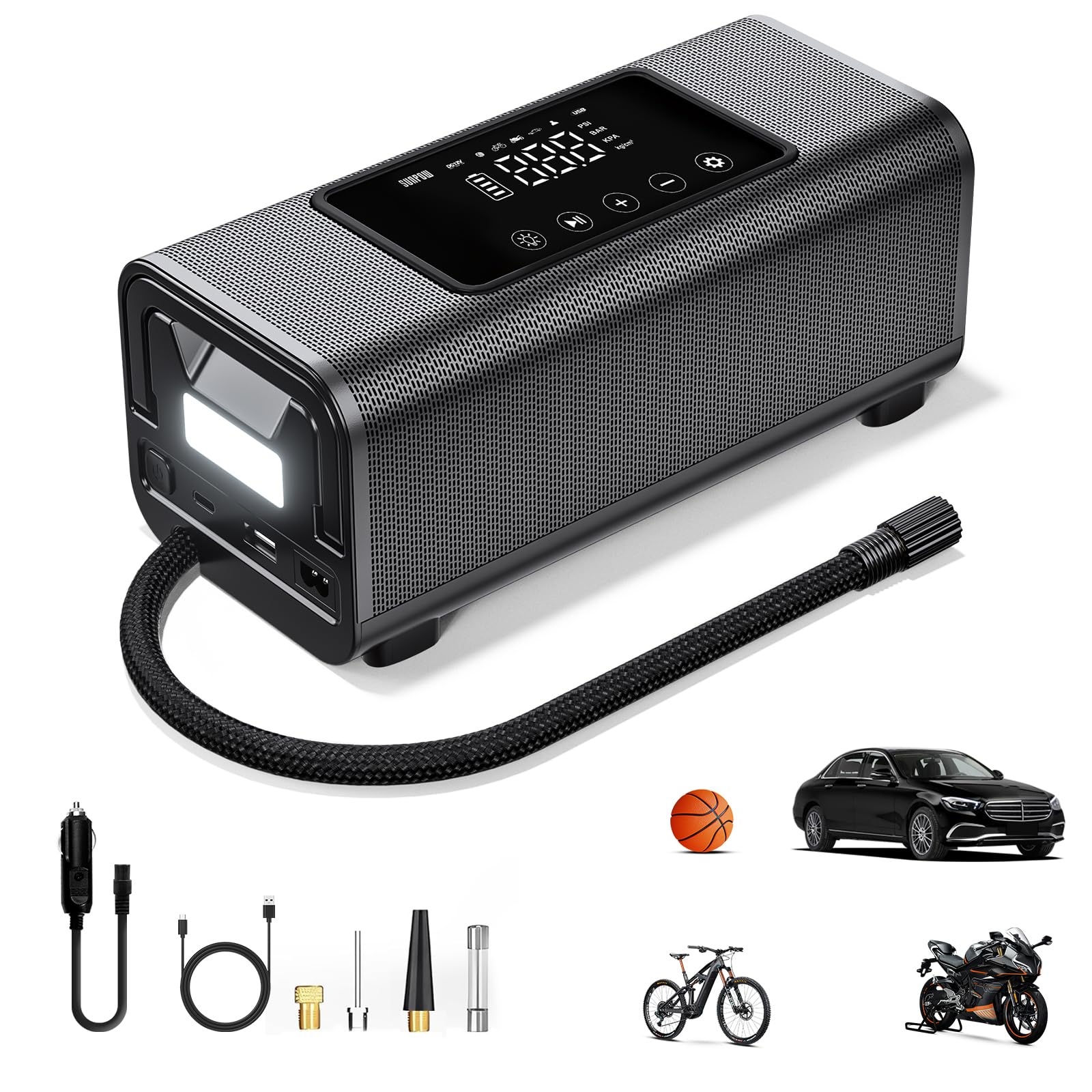 SUNPOW Elektrische Luftpumpe 2X Schneller, Akku luftpumpe Auto, Tragbar Mini Kompressor mit 150PSI 12V DC, Metall Doppelzylinder, LCD Tastbildschirm, Fur Auto Fahrrad Pickup SUV SUNPOW Elektrische Luftpumpe 2X Schneller, Akku luftpumpe Auto, Tragbar Mini Kompressor mit 150PSI 12V DC, Metall Doppelzylinder, LCD Tastbildschirm, Fur Auto Fahrrad Pickup SUV von SUNPOW