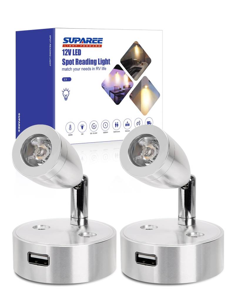 SUPAREE 12 Volt LED Lampen Wohnmobil 12V LED Lampe Wohnmobil Dimmbar 12v leselampe wohnmobil mit USB Ladeanschluss 3200K Touch Schalter für Wohnwagen Camper Boot Yacht 2 Stück von SUPAREE