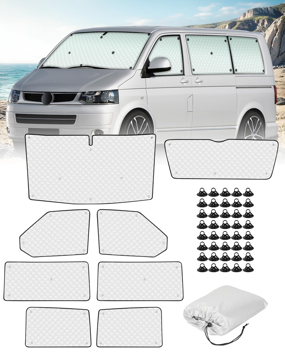 SUPAREE Sonnenschutz T5 Sonnenschutz Frontscheibe Wohnmobil Innen Thermomatte Wohnmobil Frontscheibe für SWB T5 T6 UV-Schutz 100% Okklusion mit Aufbewahrungstasche (8 Stück) von SUPAREE