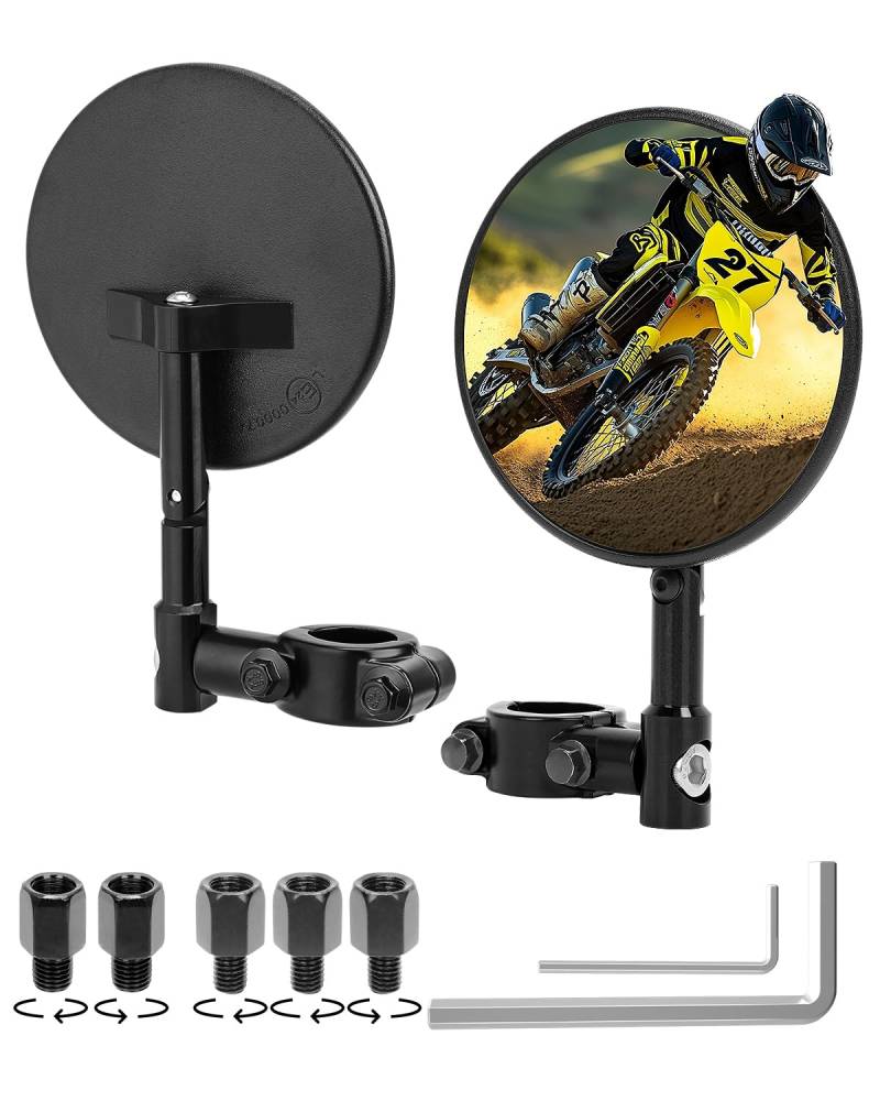 SUPAREE Klappbarer Motorrad Spiegel - E Geprüft, 360° Drehbar, Offroad Tauglich - Für Lenkerdurchmesser 22 mm - Passend für Scooter, Roller, ATV - 2 Stück von SUPAREE