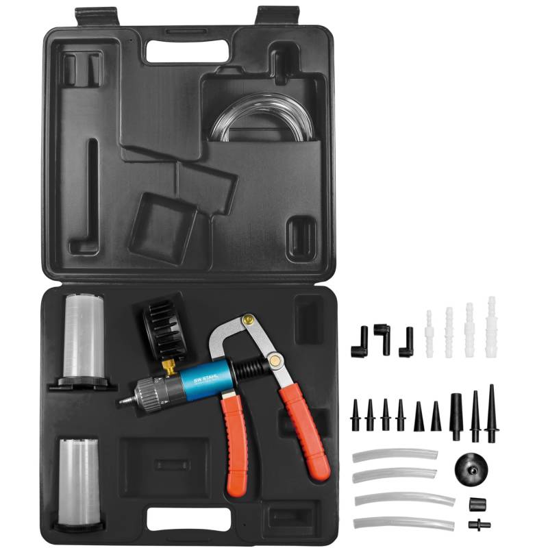 SW-Stahl 01424L Vakuum- und Druckpumpensatz, 27-teilig I Vakuum Druckpumpe I Bremsenentlüftungsset Schlauch I KFZ Werkzeug Set Adapter I Bremsenentlüfter Set Manometer von SW-Stahl
