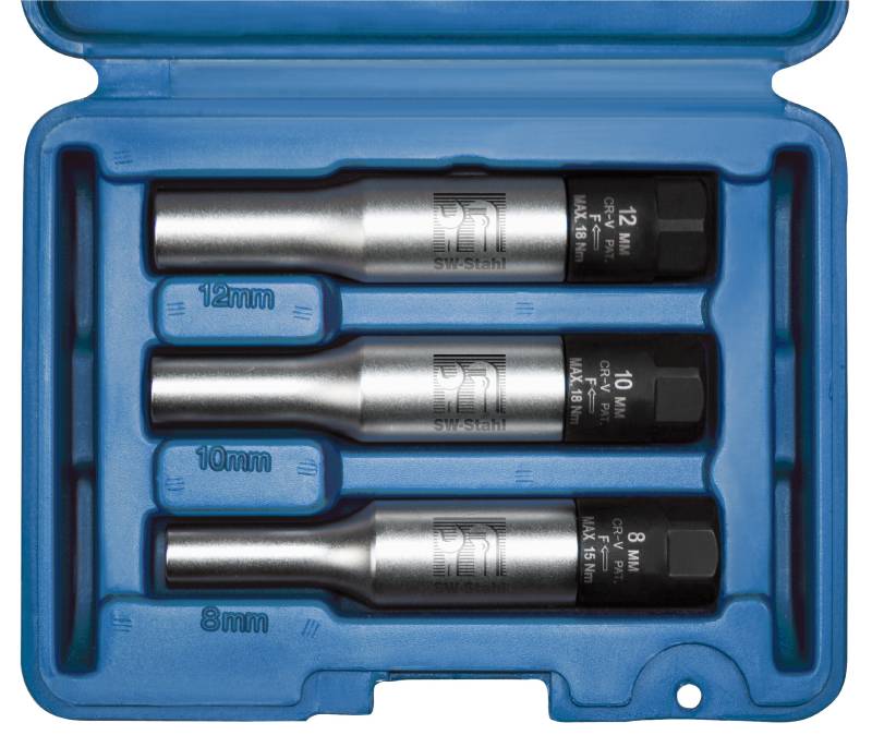 SW-Stahl 03110L Glühkerzensteckschlüsselsatz, 3-teilig I Glühkerzen Werkzeug 8mm I Glühkerzen Steckschlüssel 10mm I Glühkerzen Werkzeugsatz 12mm I Glühkerzen Drehmoment von SW-Stahl