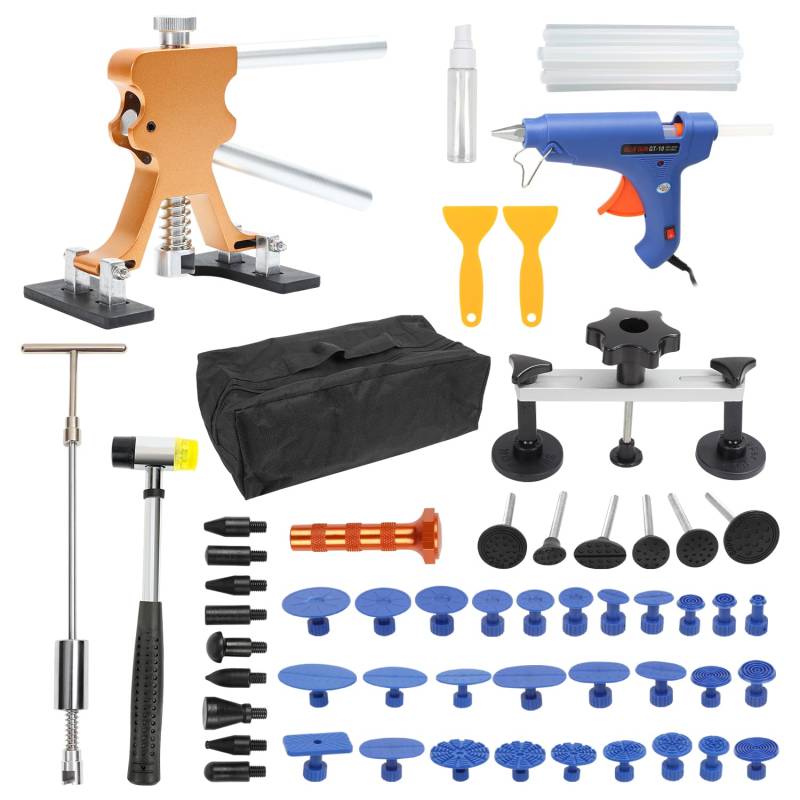 SWANEW 57tlg Dellen Reparatur Ausbeulwerkzeugset, mit Kleber Heißklebepistole, 2 in 1 T Abzieher, Abzieherlaschen, Brückenspuller, Gummihammer und Beule Lifter um Verschiedene Dellen zu reparieren von SWANEW