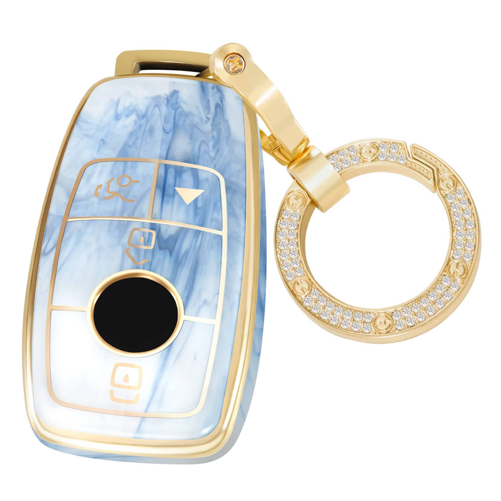 SWEETBOND Für Mercedes Benz Schlüsselschutz Schlüsselanhänger Abdeckung 2022, Mode Schlüsselhülle mit Diamant Gold Schlüsselanhänger (Blau) von SWEETBOND